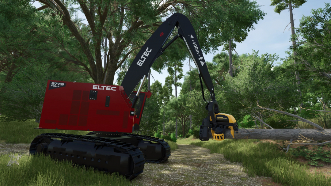 Eltec FH 277B mod in Farming Simulator 25 in a forest setting, shown cutting a tree.