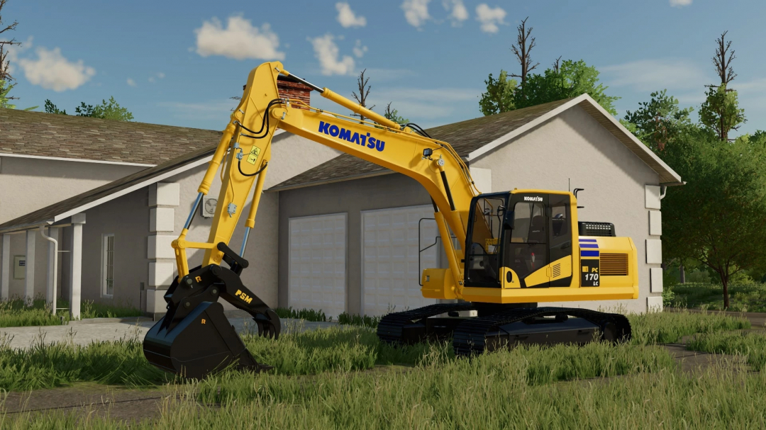 Komatsu PC170LC-11 excavator mod for FS22 near a house.