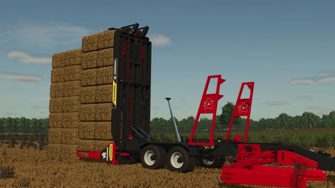 FS25 Anderson Group StackPro 7200 mod showcasing stacked hay bales in a field in Farming Simulator 25.