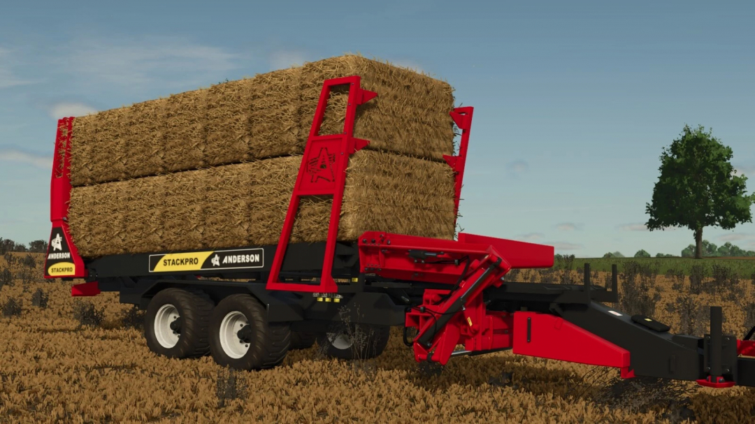 FS25 mod Anderson Group StackPro 7200 loaded with hay bales in field, Farming Simulator 25.