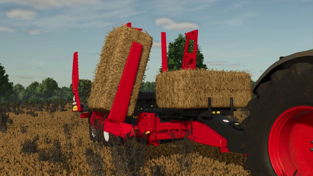 FS25 Anderson Group StackPro 7200 mod displaying hay bales loaded on a red trailer in Farming Simulator 25.