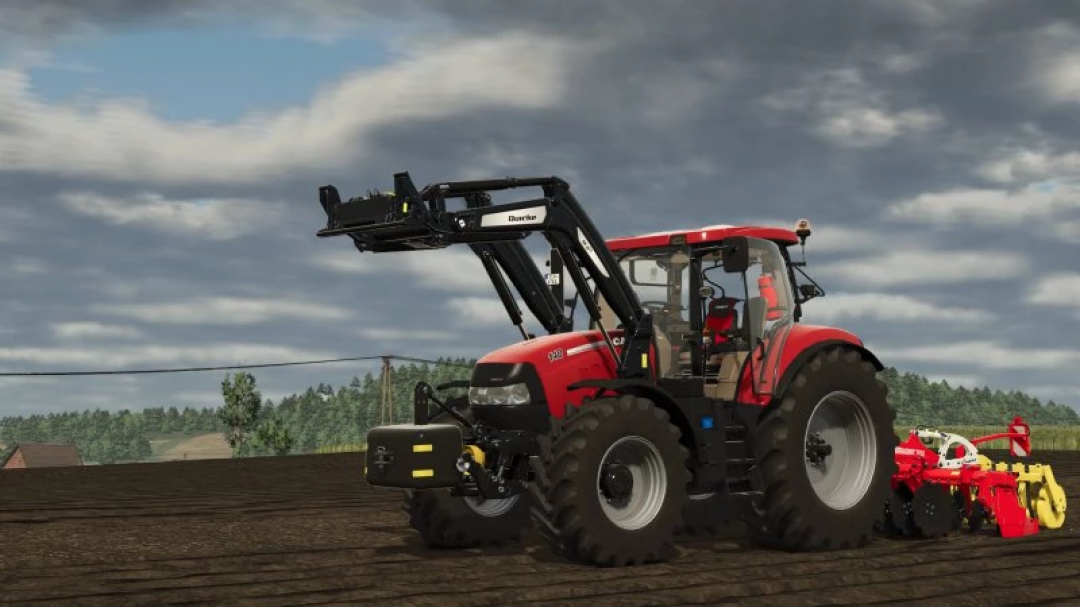 FS25 Case IH Maxxum mod for Farming Simulator 25 shows a red tractor on a plowed field with attachment equipment.