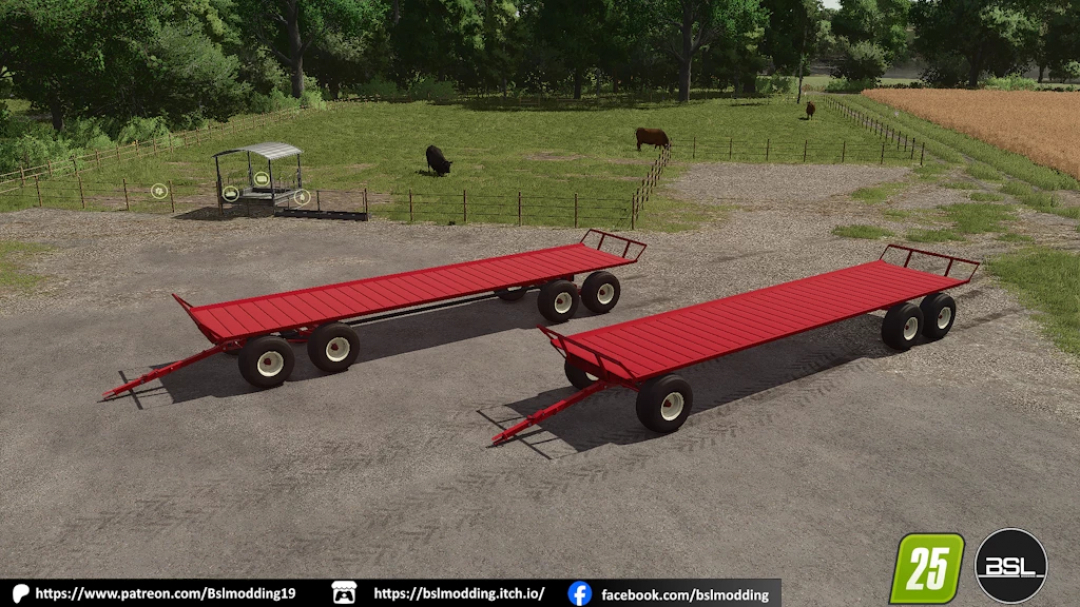 Two red Lemay bale wagons in a farm setting, depicting FS25 mods for Farming Simulator 25.