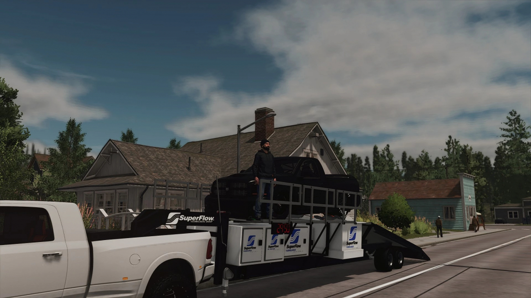 FS25 SuperFlow Dyno Trailer mod showing a vehicle on a trailer in Farming Simulator 25.