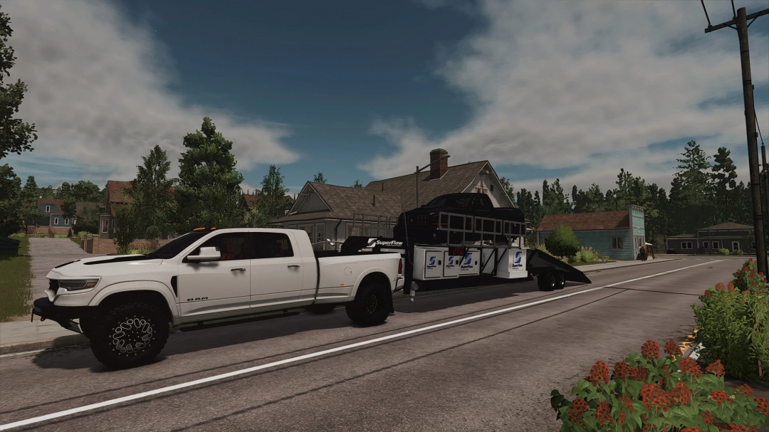 FS25 SuperFlow Dyno Trailer mod showcased with a white truck parked in a residential area, FS25 mods.