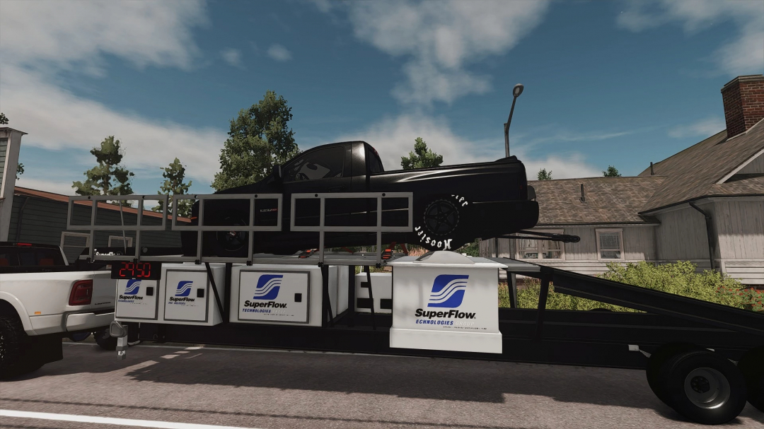 FS25 SuperFlow Dyno Trailer mod showing a vehicle on a trailer in Farming Simulator 25.