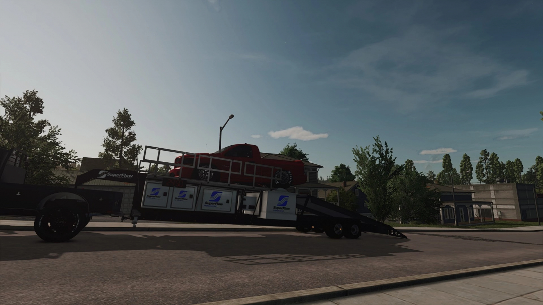 FS25 SuperFlow Dyno Trailer mod showcasing a red truck on a trailer in Farming Simulator 25.