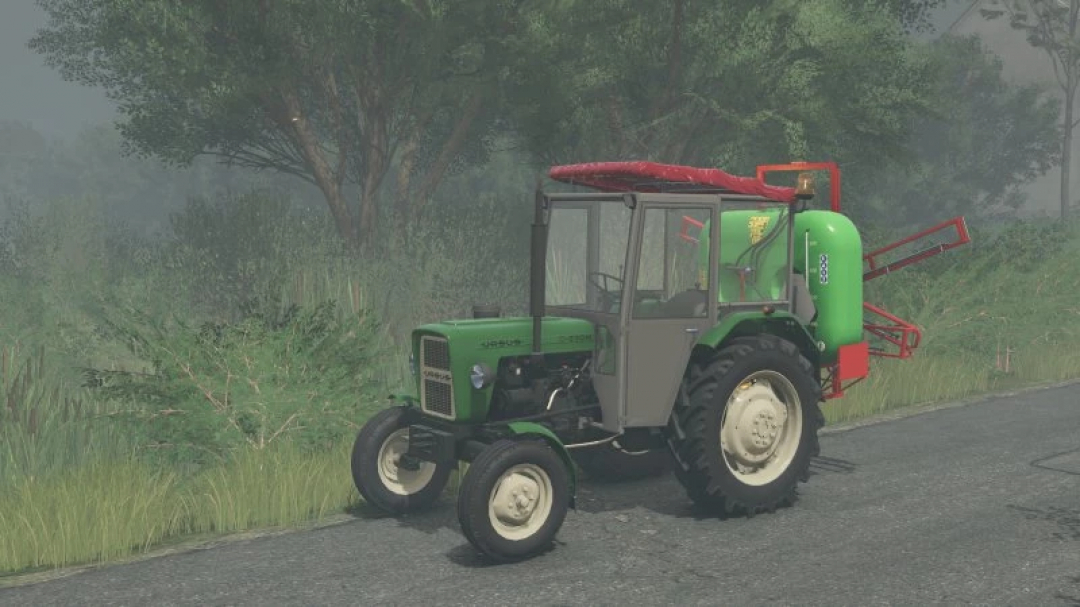 FS25 Ursus C330/M edit v1.0.0.0 mod showcasing a vintage green tractor with attached equipment on a rural road in Farming Simulator 25.