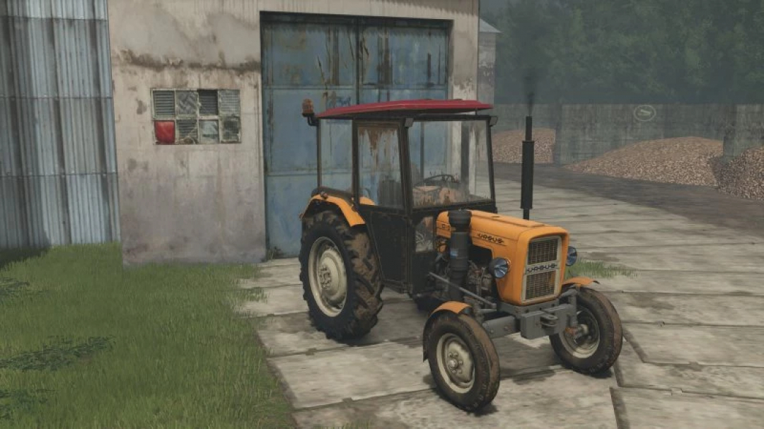 FS25 mod featuring Ursus C330/M tractor parked outside a warehouse. Farming Simulator 25 mods.