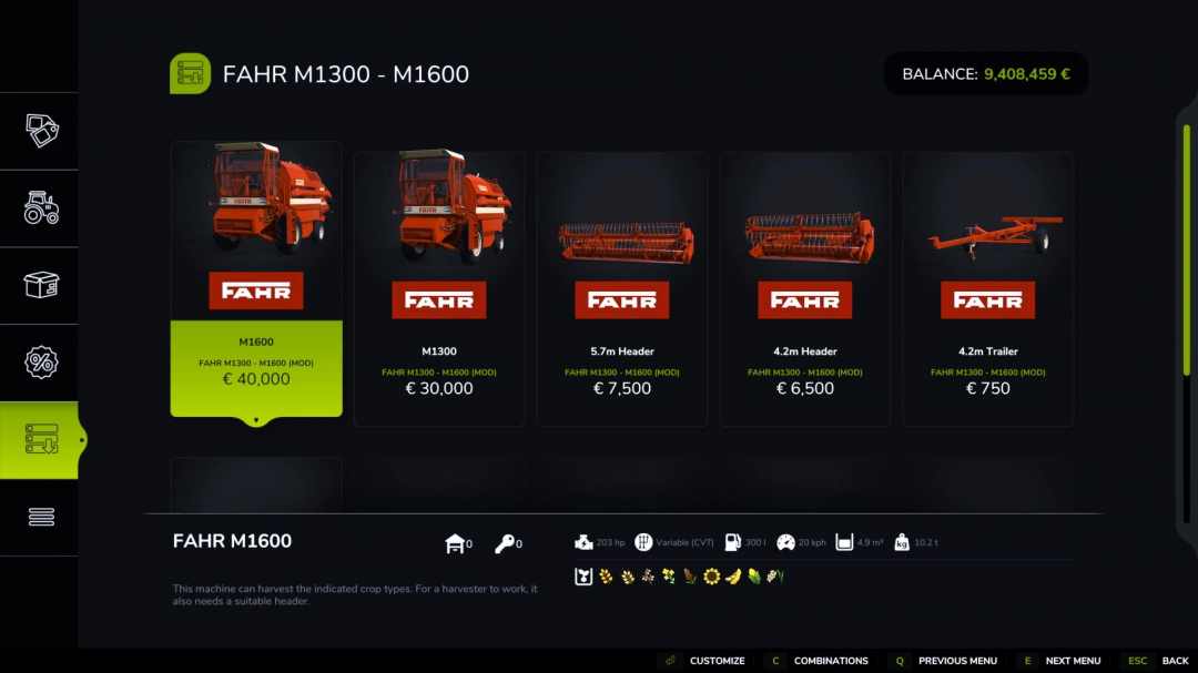 FS25 Fahr Pack interface showing M1600 and M1300 mods with equipment prices.