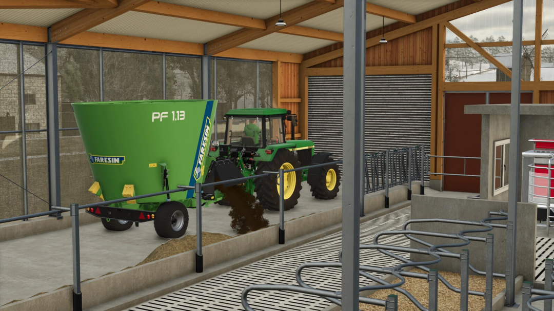 FS25 mods, Farming Simulator 25 Faresin PF1.13 mod in barn, showcasing green machinery at work.