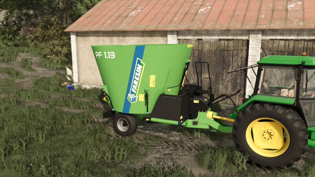 FS25 mods - Faresin PF1.13 v1.0.0.0 mixer attached to a green tractor in Farming Simulator 25.