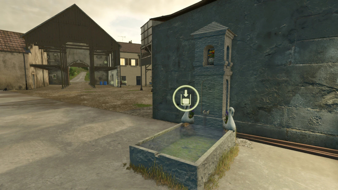 Farm Fountain mod in FS25, features a decorative water fountain next to farm buildings.