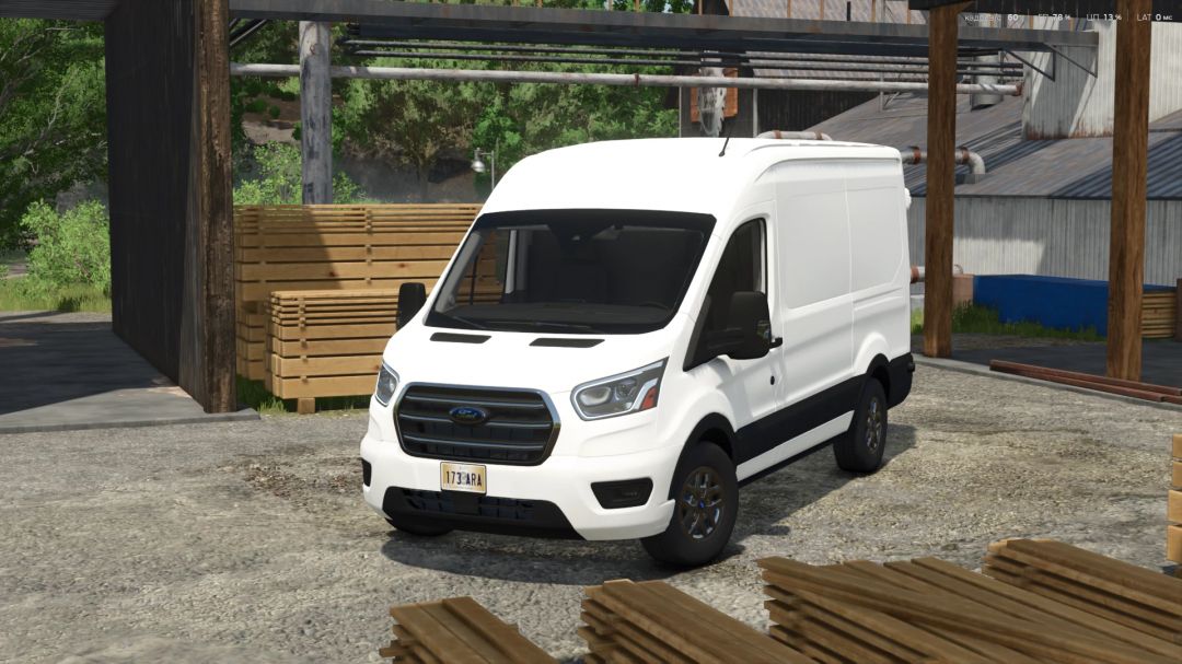 Ford Transit MK8 van mod for FS25 in a lumberyard setting.