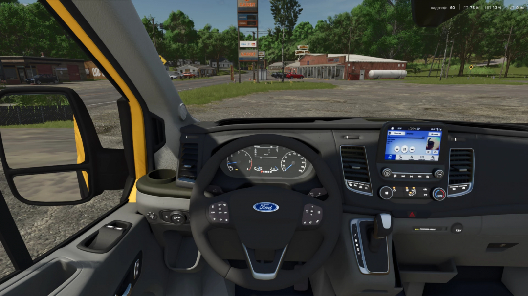 Interior view of Ford Transit MK8 mod in Farming Simulator 25, showcasing dashboard and control panel.