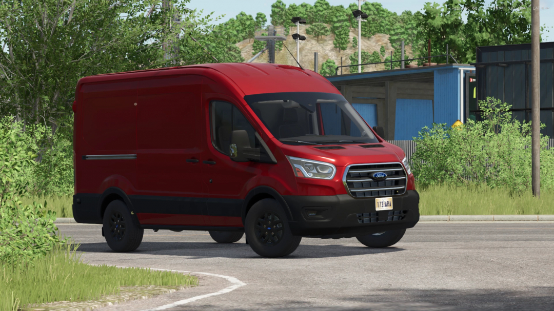 Red Ford Transit MK8 mod for FS25, parked on road by trees.