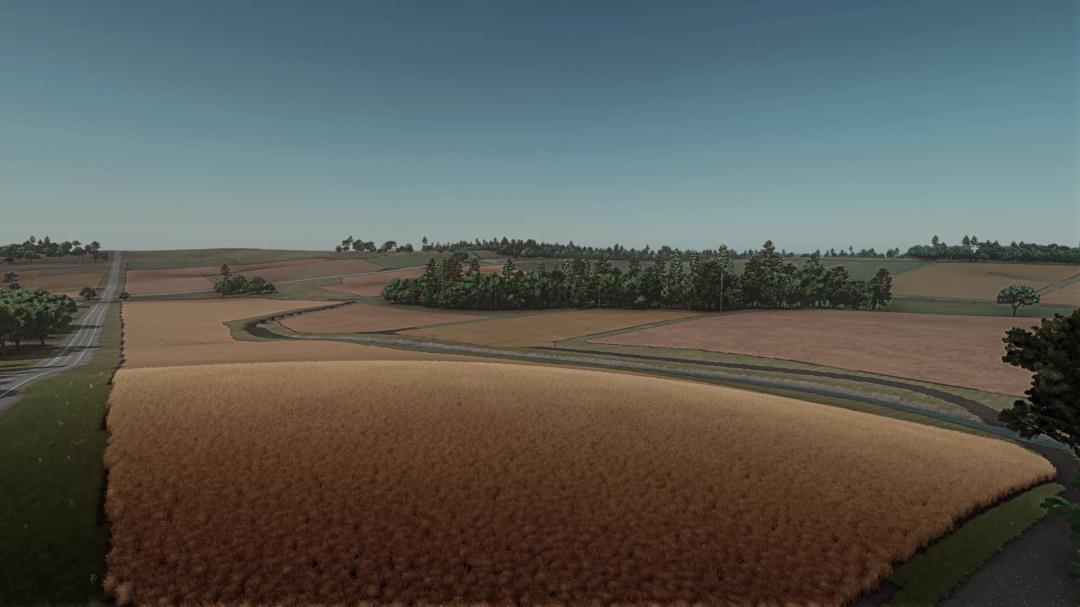 Aerial view of Forest Wisconsin mod landscape in Farming Simulator 25 with fields and trees.