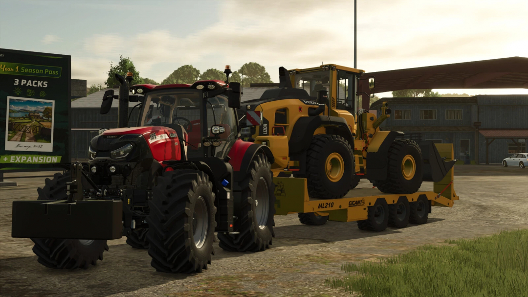 FS25 Gigant ML Low Loader Pack v1.0.0.1 mod featuring a red tractor and yellow loader on a trailer.