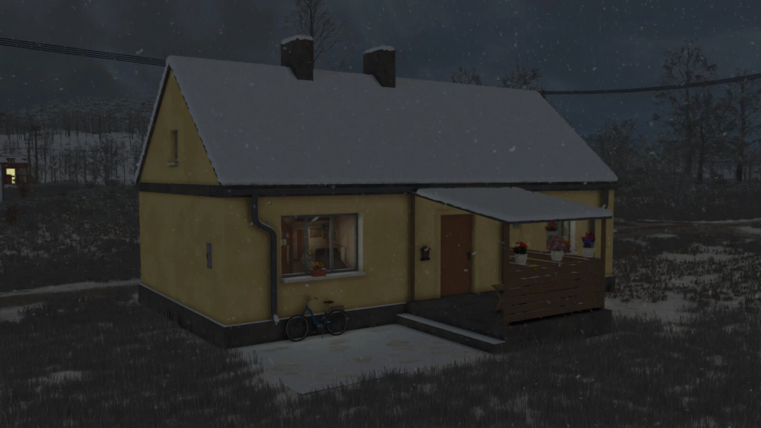 FS25 Greater Poland House mod, yellow house with snow at night