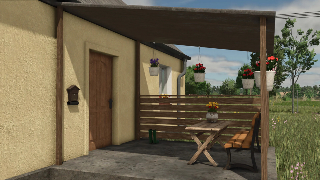 Greater Poland House mod for FS25 featuring a rustic porch with flowers and seating.