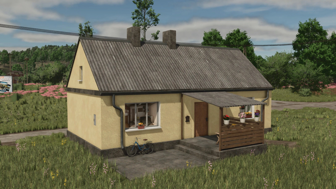 Greater Poland House mod for FS25, featuring a countryside house with a porch, garden, and bike, in a rural setting.