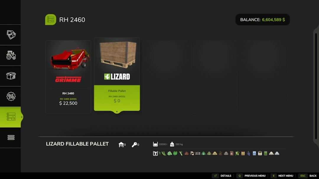FS25 mods screen showing Grimme RH2460 and Lizard Fillable Pallet with prices and details.
