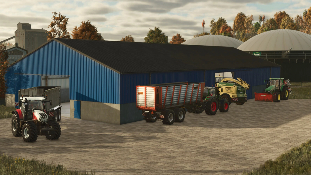 FS25 mod Hall 45x20m v1.0.0.0 with various farm vehicles parked outside.