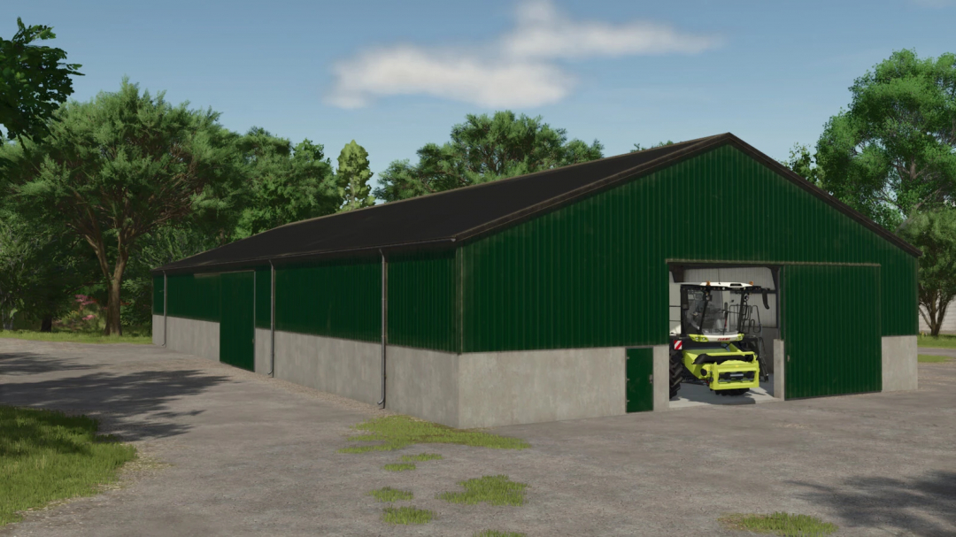 Image of Hall 45x20m mod for Farming Simulator 25, featuring a large green shed with open doors revealing farming equipment.