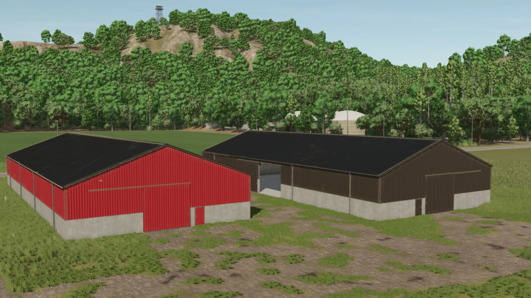 FS25 mods: Image of Hall 45x20m v1.0.0.0, featuring a red and a brown barn against a backdrop of lush green hills.