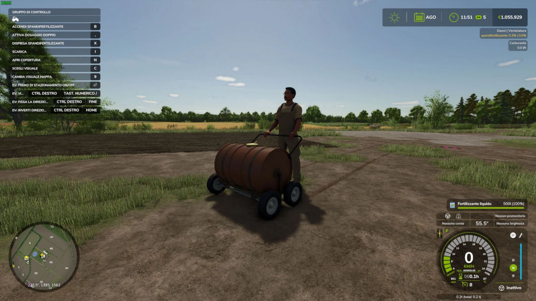 FS25 mod: Character using hand pushable machine on a farm field.