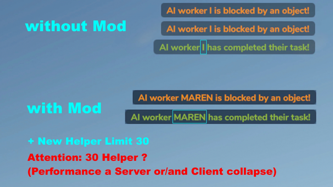 FS25 mods comparison showing AI worker alerts with and without HiredHelper Tool mod affecting task completion messages.