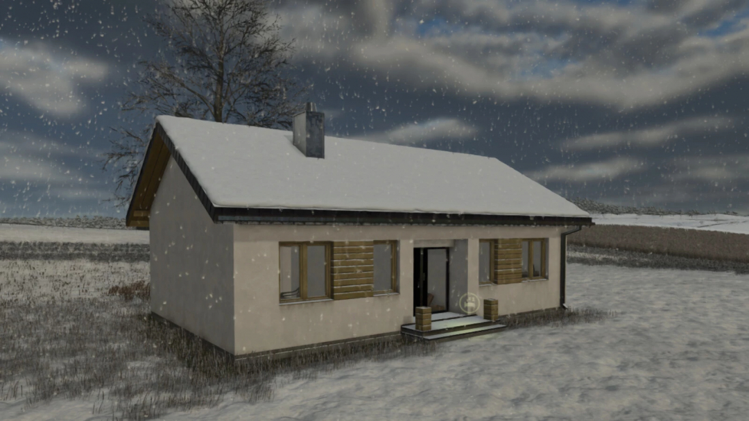 House From The 70s mod in FS25 during a snowfall, showing a snow-covered old-style home.