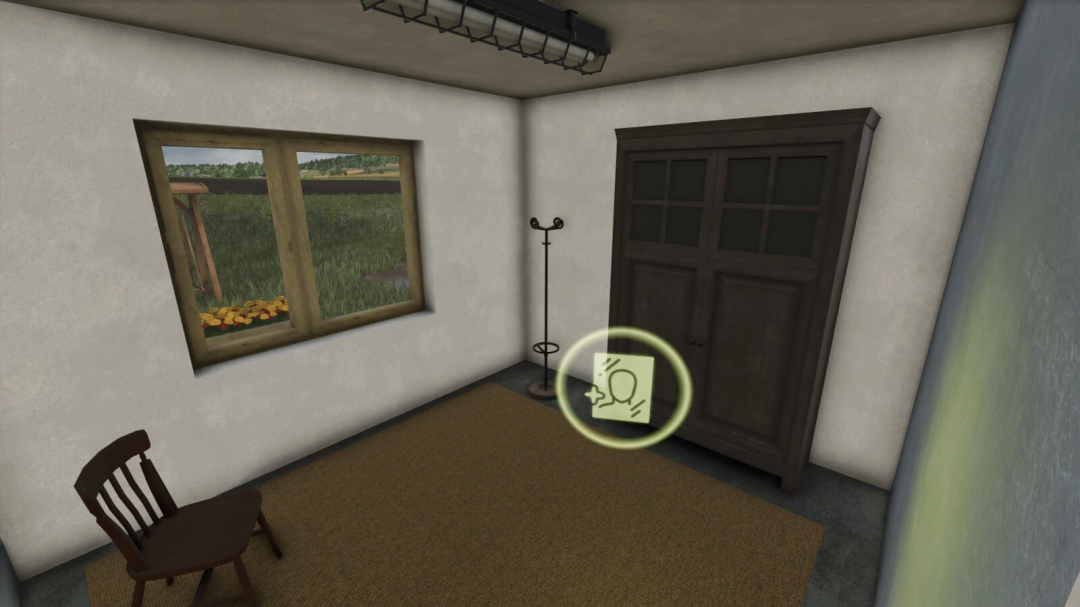 Interior of 70s house mod in FS25 with a chair, coat rack, and cabinet.