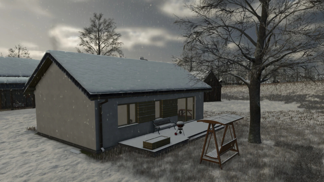 Snow-covered 1970s house mod in Farming Simulator 25 with bare trees and winter landscape.