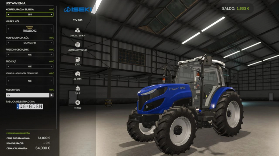 FS25 mod Iseki TJV 985 v1.0.0.0 shows a blue tractor in a garage with configuration options displayed.