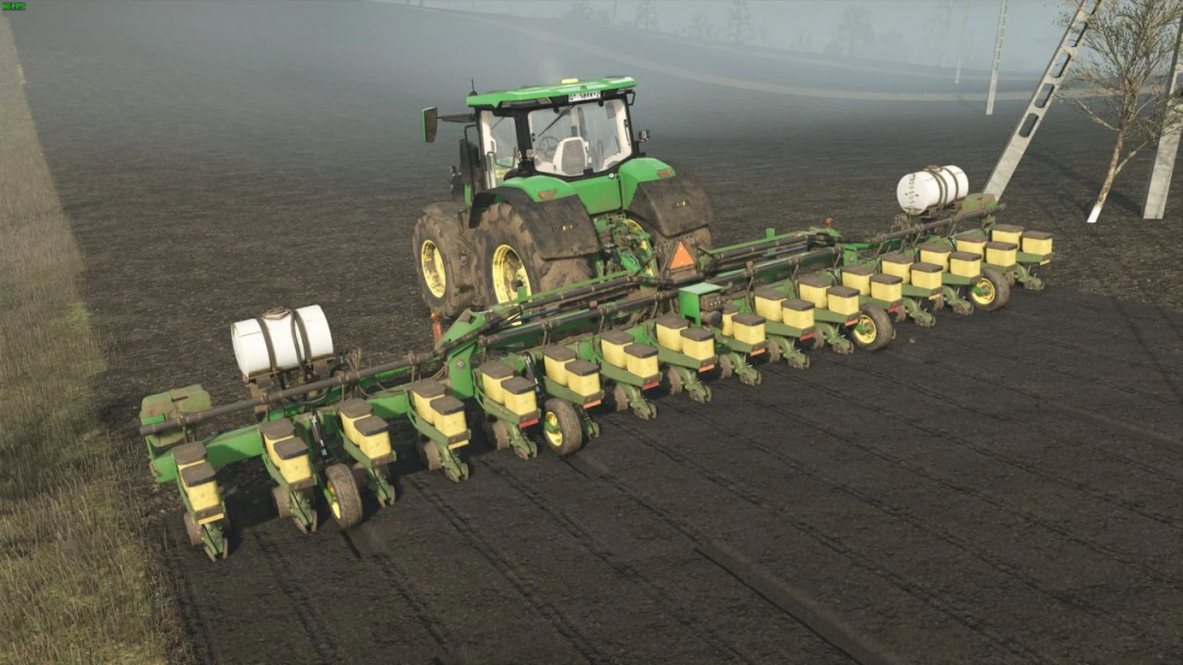 FS25 mod showcasing John Deere 1720 16R30 planter in action on a field.