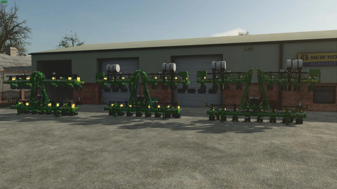 John Deere 1720 16R30 2012 mod for Farming Simulator 25 showcasing farm equipment in front of a building.