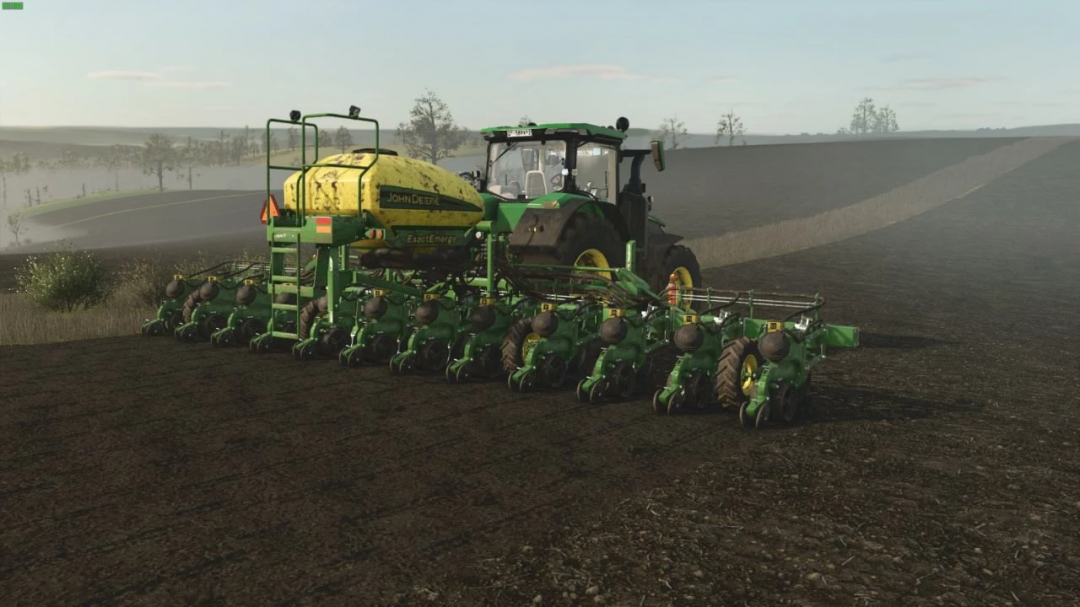 John Deere 1725C Seeder in FS25 mod, attached to a tractor on farmland.