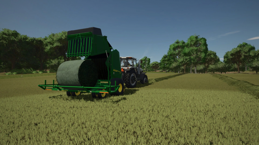 FS25 mod John Deere 561R+A520R Accumulator in use on a field, featuring a green baler attached to a tractor.