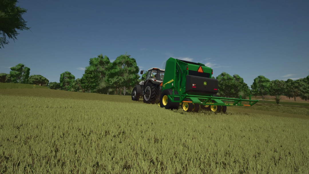 John Deere 561R+A520R Accumulator in a field in FS25 mod, with a tractor beneath a clear sky.