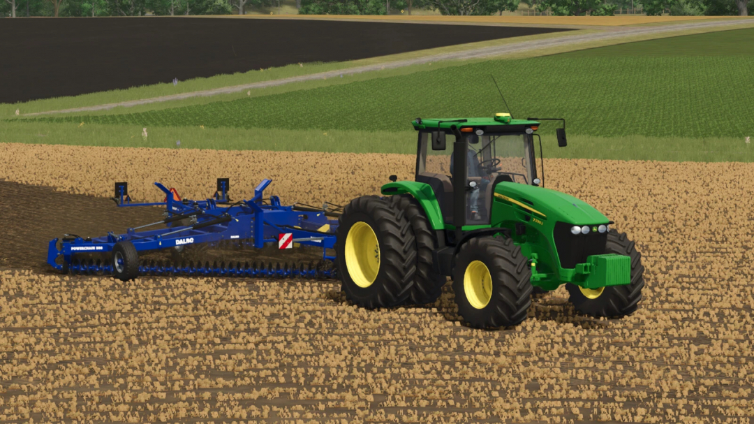 John Deere 7J with a blue plow in Farming Simulator 25 mod gameplay.