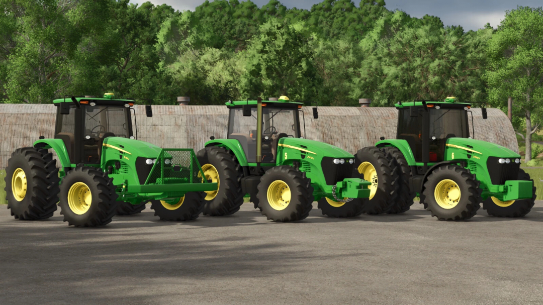 Three John Deere 7J tractors from FS25 mods in a farm setting.