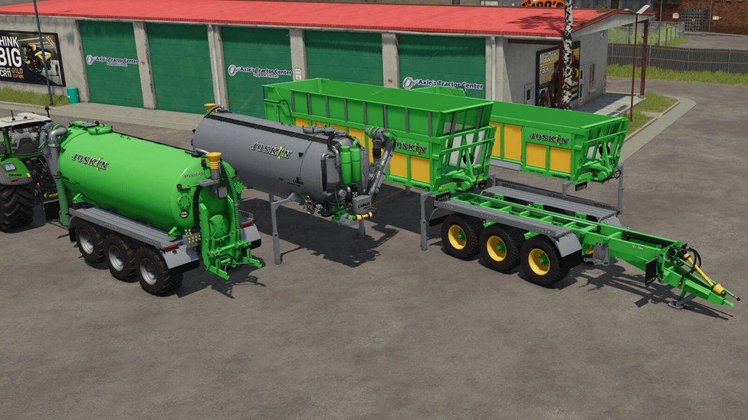 FS25 mod Joskin Cargo v1.0.0.0 showing trailers and tankers in front of a tractor garage.