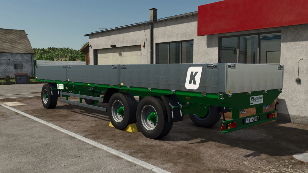 FS25 mods: Kroger Agroliner PWO 24 trailer parked in farmyard, Farming Simulator 25.