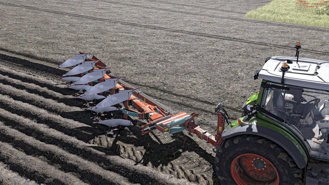 Kverneland PB100 plow mod for FS25, shown attached to a tractor tilling a field.