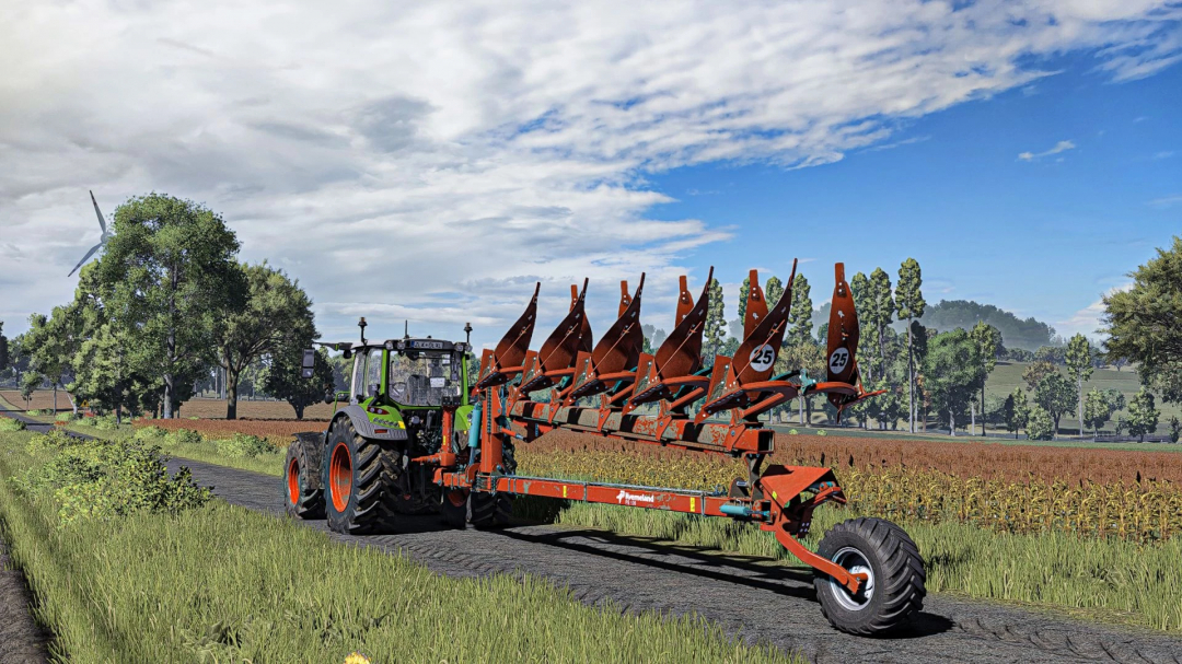 Farming Simulator 25 mod Kverneland PB100 plow attached to a tractor on a rural road, enhancing gameplay.