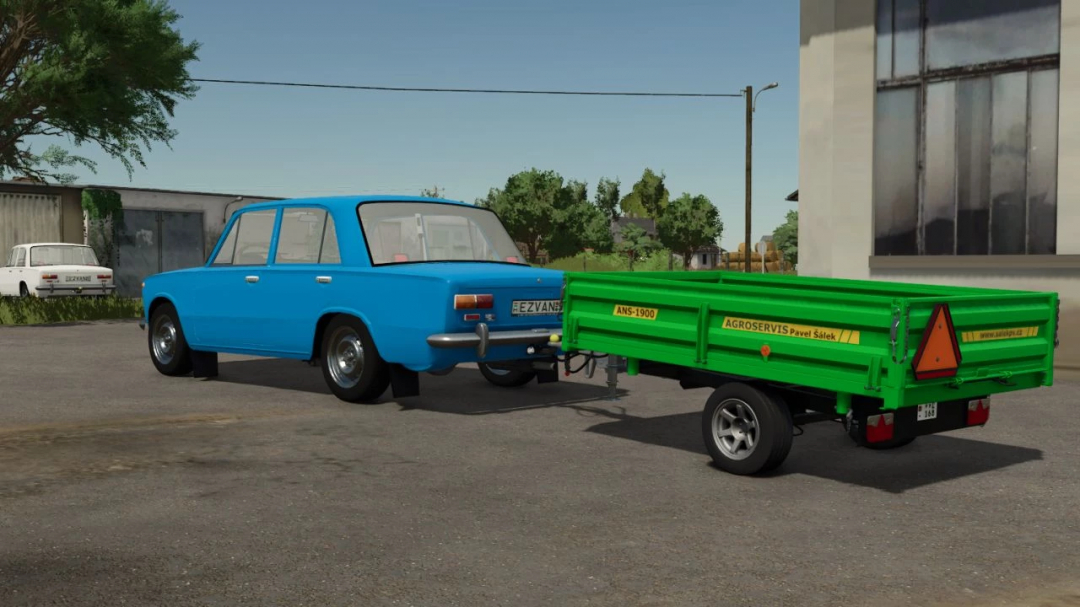 FS25 mods: Blue Lada 2101 car with green trailer in Farming Simulator 25 mod scene.