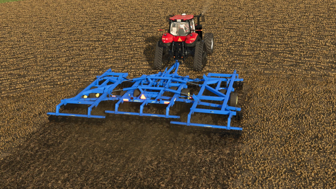 FS25 mod image shows a red tractor using the Landoll 7431VT 33FT in a field.