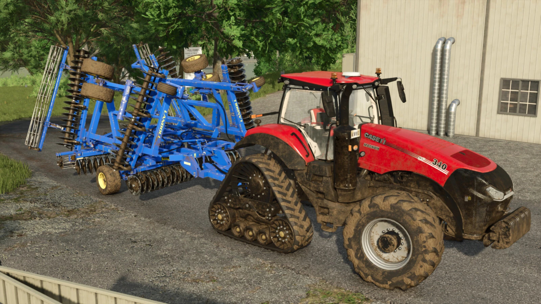 FS25 mod: Red tractor with Landoll 7431VT 33FT on gravel path, Farming Simulator 25.