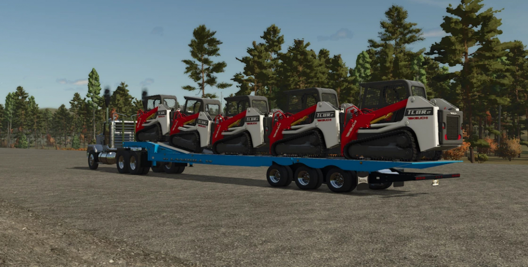 FS25 Landoll Travel Tail Trailer mod with skid steer loaders on a forest road.